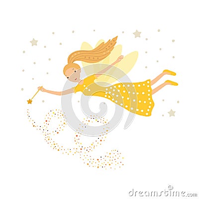 Cute yellow fairy in flight with a magic wand Vector Illustration