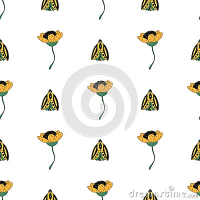 Cute yellow flowers and bugs pattern seamless on white background. vector illustration hand drawn. can be used for Vector Illustration