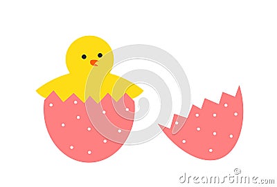 Cute yellow hatching chick from egg. Easter egg Vector Illustration