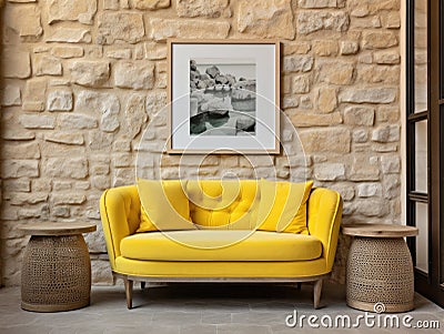 Cute yellow loveseat sofa and round stone side table against of stucco wall with poster frame Interior design Stock Photo