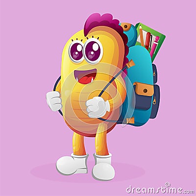 Cute yellow monster carrying a schoolbag, backpack, back to school Vector Illustration