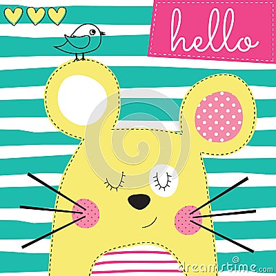 Cute yellow mouse with bird vector illustration Vector Illustration