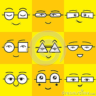 Cute yellow and orange square stickers emoticons smile faces icons set Vector Illustration
