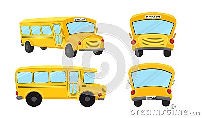 Yellow school bus vector illustration on white background, four vehicle viewed from different angles Cartoon Illustration