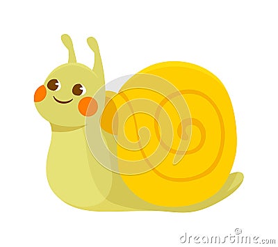 Cute yellow smiling snail on white background Vector Illustration