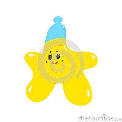 Cute yellow smiling vector little star in blue hat isolated on white background vector illustration. Doodle Cartoon Illustration