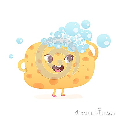 Cute yellow sponge character, kawaii washcloth emoji with soap bubbles for cleaning skin Vector Illustration