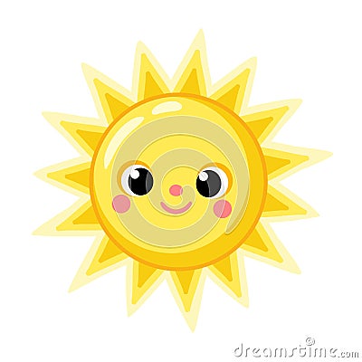 Cute yellow sun smiles. Vector illustration with sun in cartoon style Vector Illustration