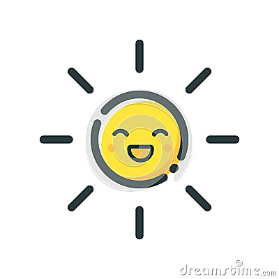Cute yellow sun smiles on a white background. Icon on a white background. Vector Illustration