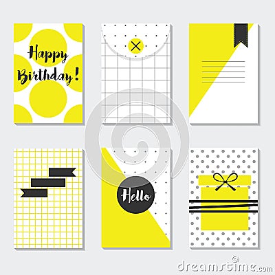 Cute yellow and white trendy patterns cards set with Happy Birthday, Hello, and black labels Vector Illustration