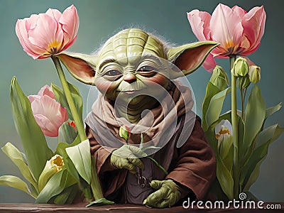 Cute Yoda surrounded by tulips Stock Photo