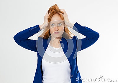 Cute, young beautiful red hair woman do facepalm. Redhead suffer girl headache failed to upset business face palm. Portrait of Stock Photo