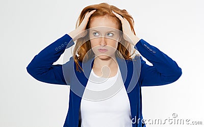 Cute, young beautiful red hair woman do facepalm. Redhead suffer girl headache failed to upset business face palm. Portrait of Stock Photo