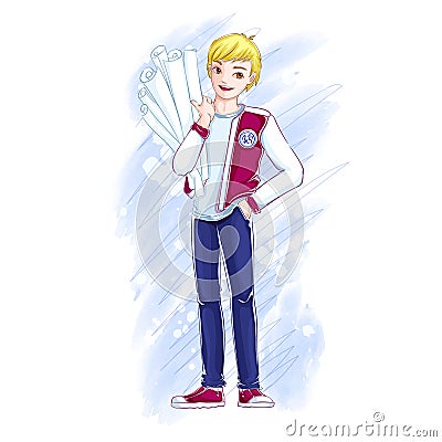 A cute young blond male student holds in his hands rolls of paper with drawings. Education. Vector Illustration