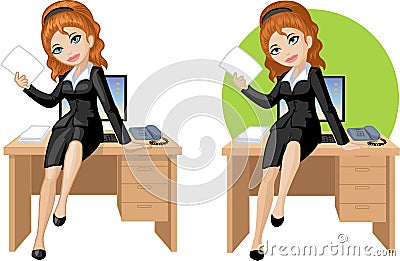 Cute young Caucasian office woman sitting on table Vector Illustration