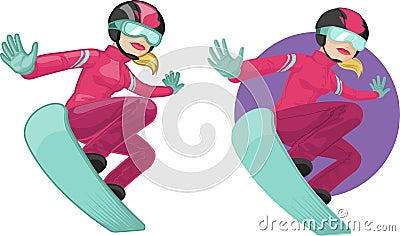 Cute young Caucasian woman on snowboard Vector Illustration