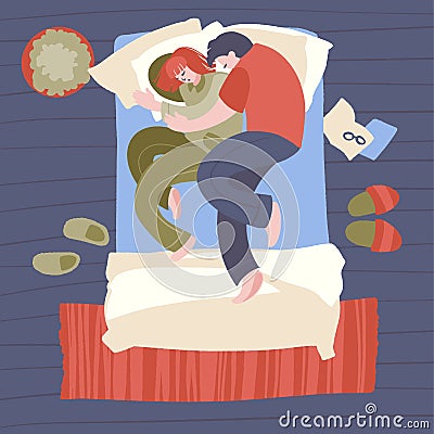 Cute young couple lying in bed and cuddling. Vector Illustration