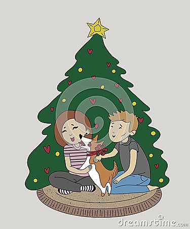 cute young couple messing around with a corgi dog with a red bow around his neck, sitting together near the christmas tree at home Cartoon Illustration