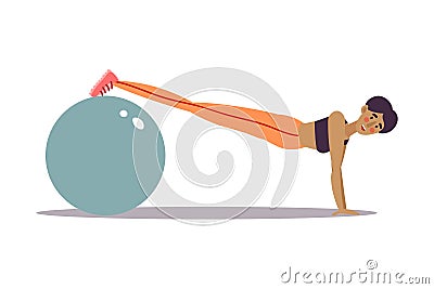Cute young dark-haired trainer girl doing plank exercise with fitness ball in a gym. Vector illustration in the flat Vector Illustration