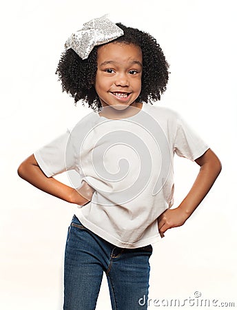Cute Young Expressive African American Girl on a White Background Stock Photo