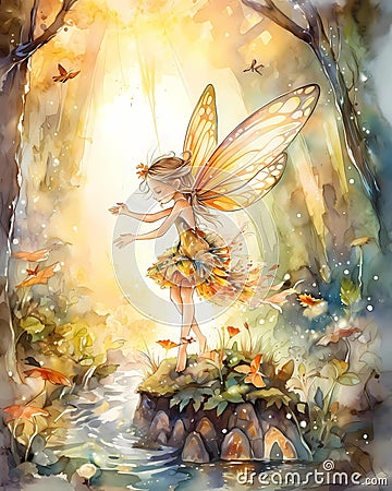 Happy smiling little fairy, flying in a magical enchanted sunlit forest surrounded by butterflies Cartoon Illustration