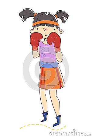 Cute young girl boxer with pigtails wearing red boxing gloves holding her fists in the defensive position isolated on Vector Illustration