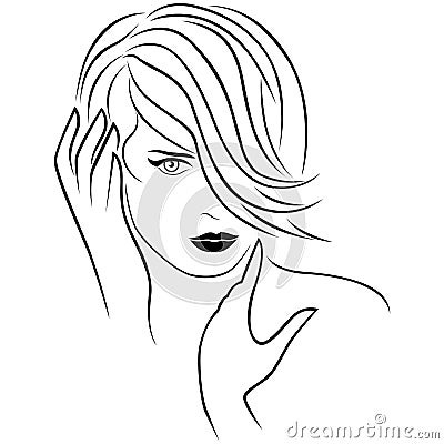 Cute young girl corrects her short forelock hairstyle Vector Illustration