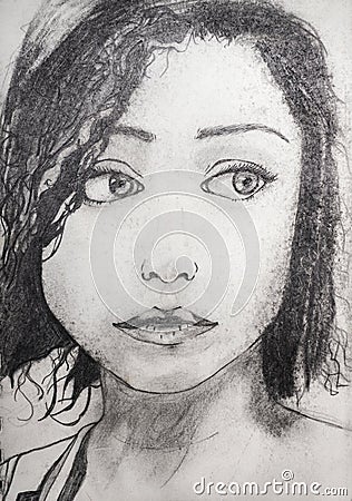 Cute young girl face, drawn in pencil, hand draw Stock Photo