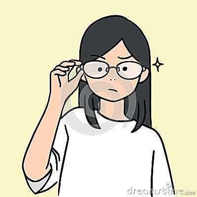 Cute young girl lifted glasses up, hand drawn style vector illustration Vector Illustration