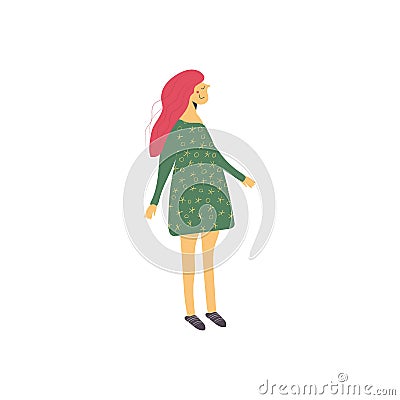 Cute young girl with pink hair in a green dress doodle drawing.Hand drawn flat vector illustration in cartoon style Vector Illustration