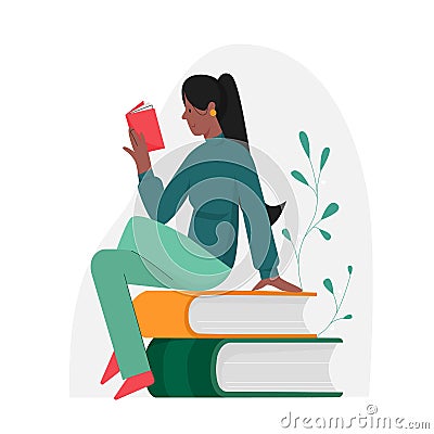 Cute young girl reading on stack of books Vector Illustration