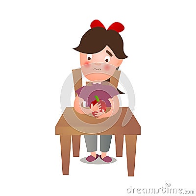 Cute young girl stay on kitchen and eat red fresh paprika Vector Illustration