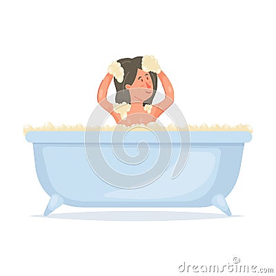 Cute young girl take bath, washing her head Vector Illustration