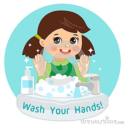 Cute Young Girl washing hands in the sink. Vector Illustration. Vector Illustration