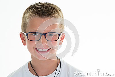 Young glasses boy child portrait in white background Stock Photo