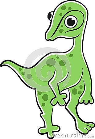 Cute, young, green, baby dinosaur, cartoon style vector illustration with line art. Vector Illustration