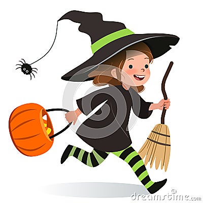 Cute young happy girl, running in Halloween witch costume with hat, black dress, stripy stockings, carrying broom and orange trick Vector Illustration