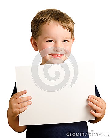 Cute young happy preschooler boy holding up sign Stock Photo