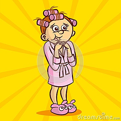 Cute Young housewife in hair curlers and a dressing gown Stock Photo