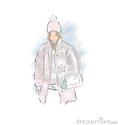 Cute young lady in pink knitted hat and down jacket with white stylish bag. Cartoon Illustration