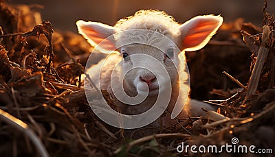 A cute young lamb grazes in the meadow at sunset generated by AI Stock Photo