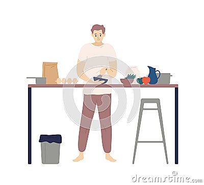 Cute young man cooking meals in kitchen. Smiling boy making lunch or dinner at home. Happy guy mixing food ingredients Vector Illustration