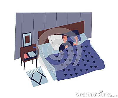 Cute young man sleeping in bedroom at night. Male character lying in comfortable bed and falling asleep. Rest and Vector Illustration