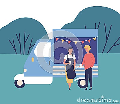 Cute young man and woman standing beside food truck, drinking coffee and talking to each other. Summer outdoor festival Vector Illustration