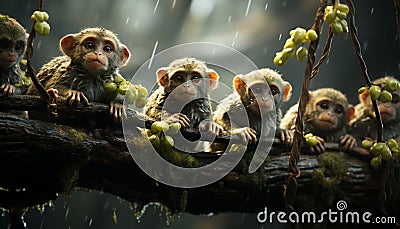 Cute young monkey sitting on branch, eating in tropical forest generated by AI Stock Photo