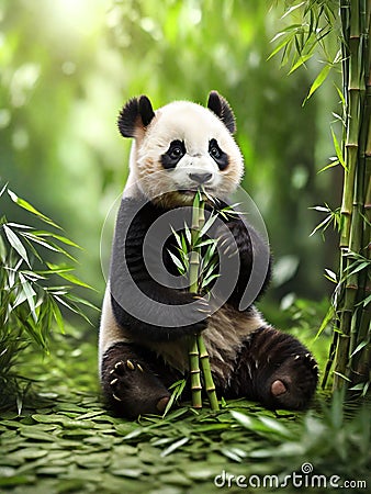 Cute young panda eating bamboo leaves, generative ai Cartoon Illustration