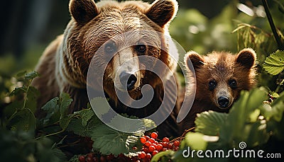 Cute young panda sitting on branch, looking at camera generated by AI Stock Photo
