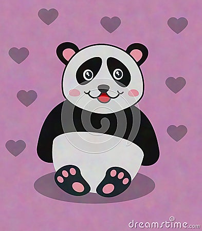 Cute young panda sitting with hearts on a coloured background - illustration Stock Photo