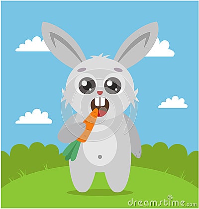 A cute young rabbit holds a carrot in its paw and nibbles. Stock Photo