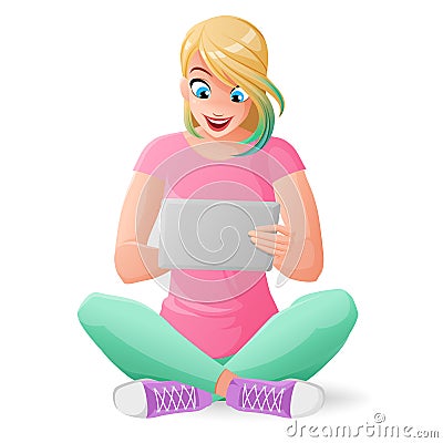 Cute young teen girl communicating with tablet computer. Cartoon vector illustration isolated on white background. Vector Illustration